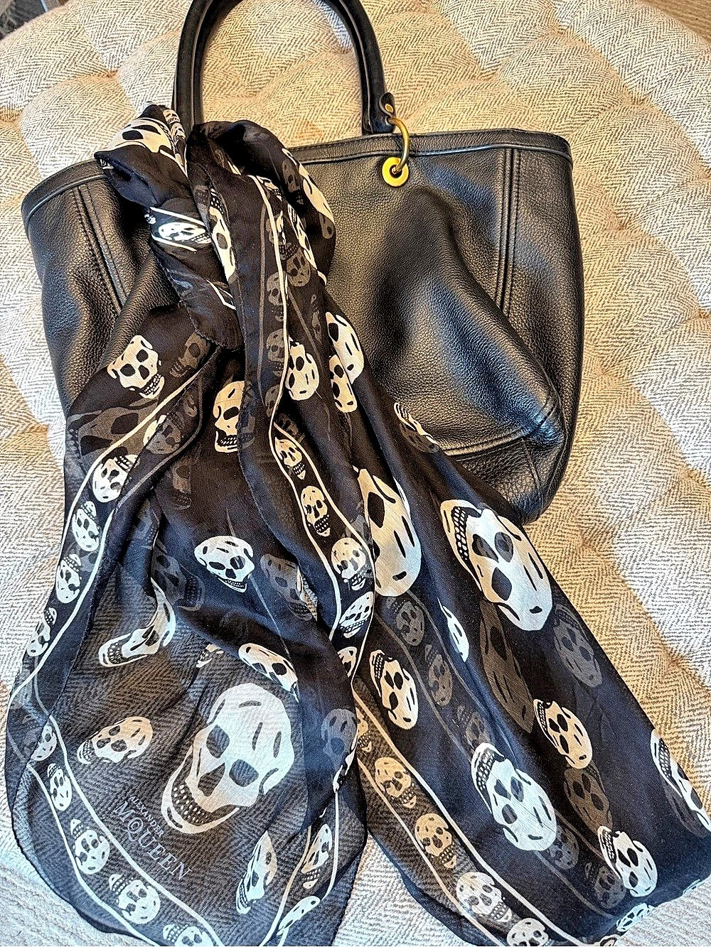 Vintage Alexander McQueen Classic Skull Silk Chiffon Scarf Black & White - Edgy